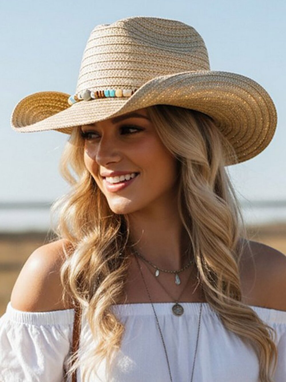 Cowboy Hat With Stone & Woods Beads